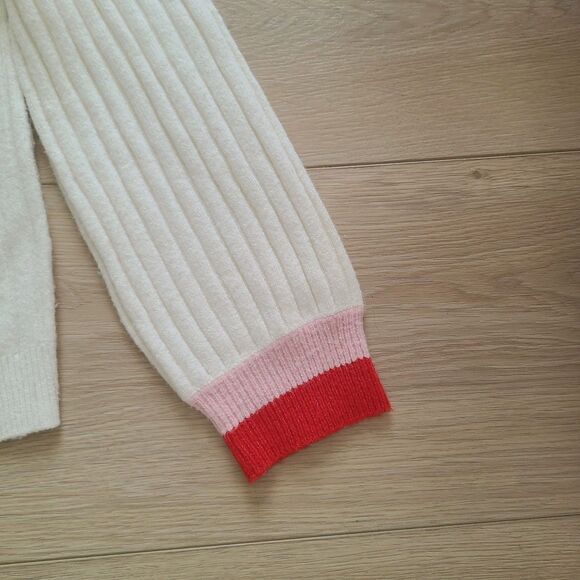 Loft Cardigan Sweater XL Cream‎ Red Pink Soft Knit V-Neck Button-Front - Picture 6 of 9